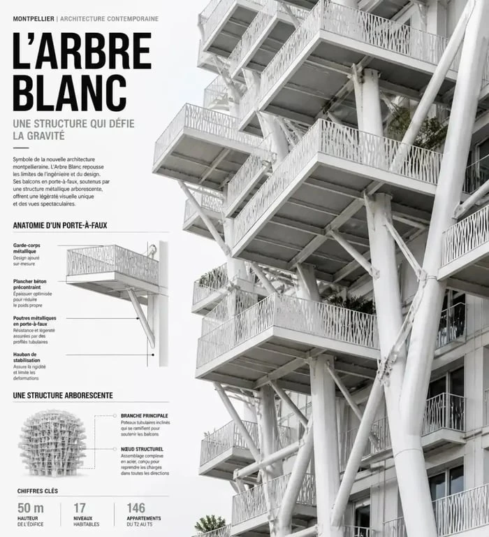 Détail architectural des balcons en porte-à-faux de l'immeuble L'Arbre Blanc
