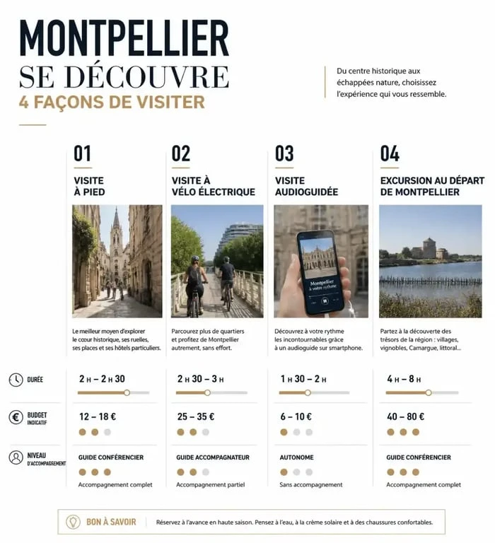 Montpellier visites guidées : comparaison des formats à pied, vélo, audioguide et excursion selon durée et budget