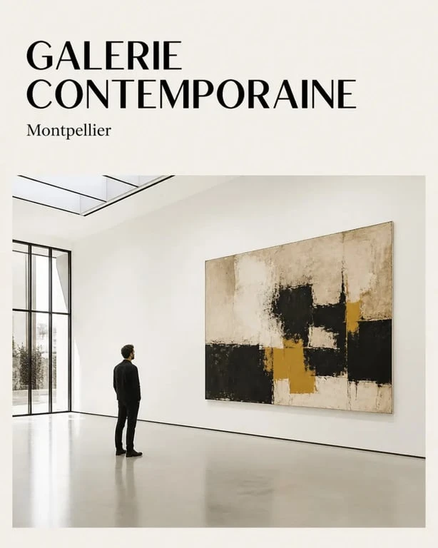 Intérieur d’une galerie d art montpellier contemporaine avec cimaises blanches et un visiteur devant une œuvre