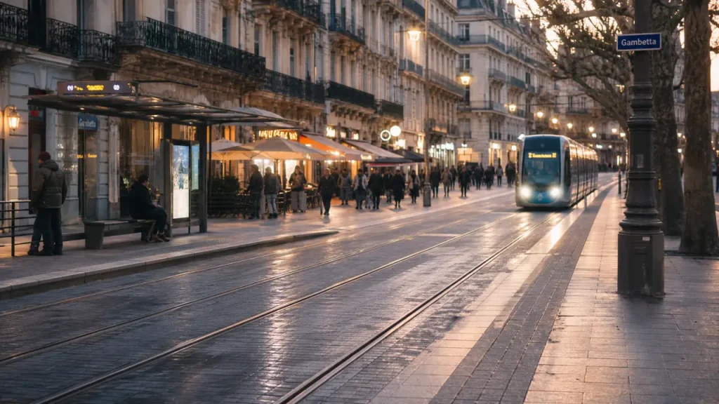 Tramway et rue animée à Gambetta Montpellier, Cours Gambetta