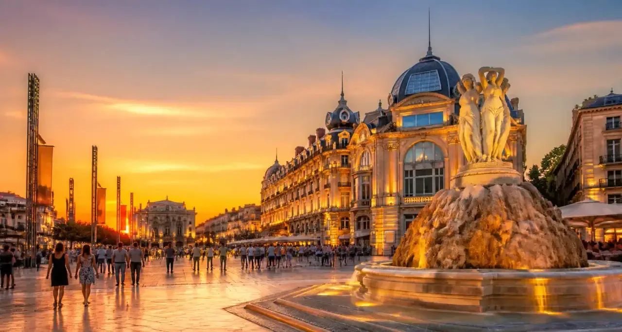 La place de la Comédie à Montpellier au coucher du soleil