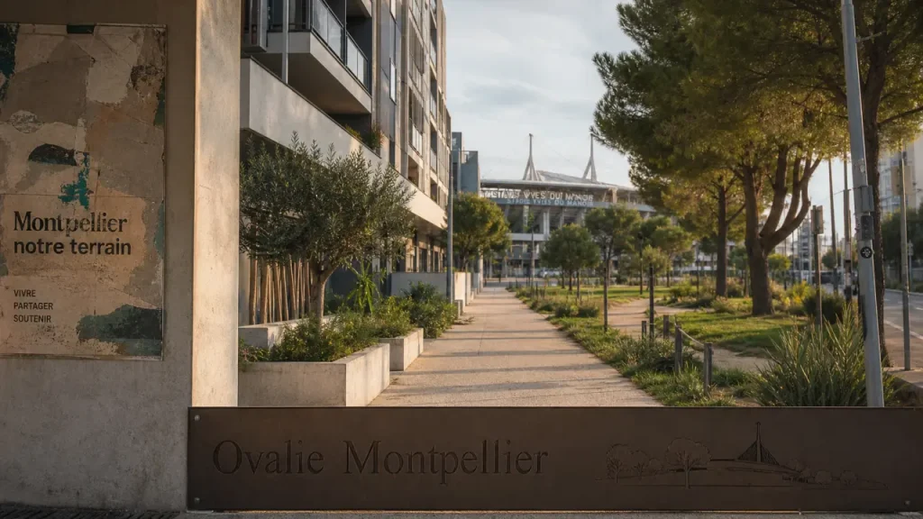 Quartier ovalie montpellier : avenue de Toulouse, résidences et trottoir près du stade