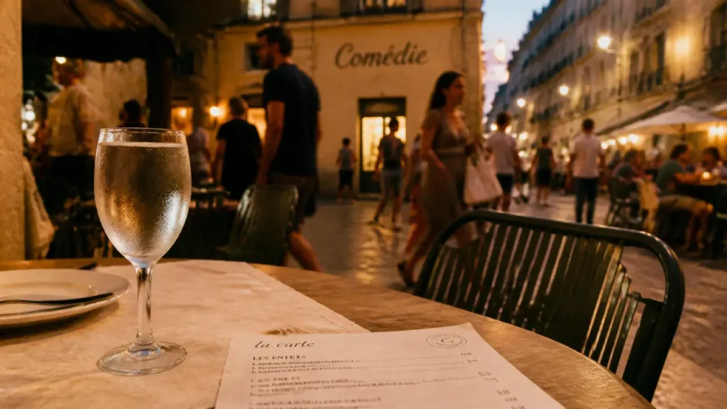Restaurants comedie montpellier : terrasse animée près de la Comédie