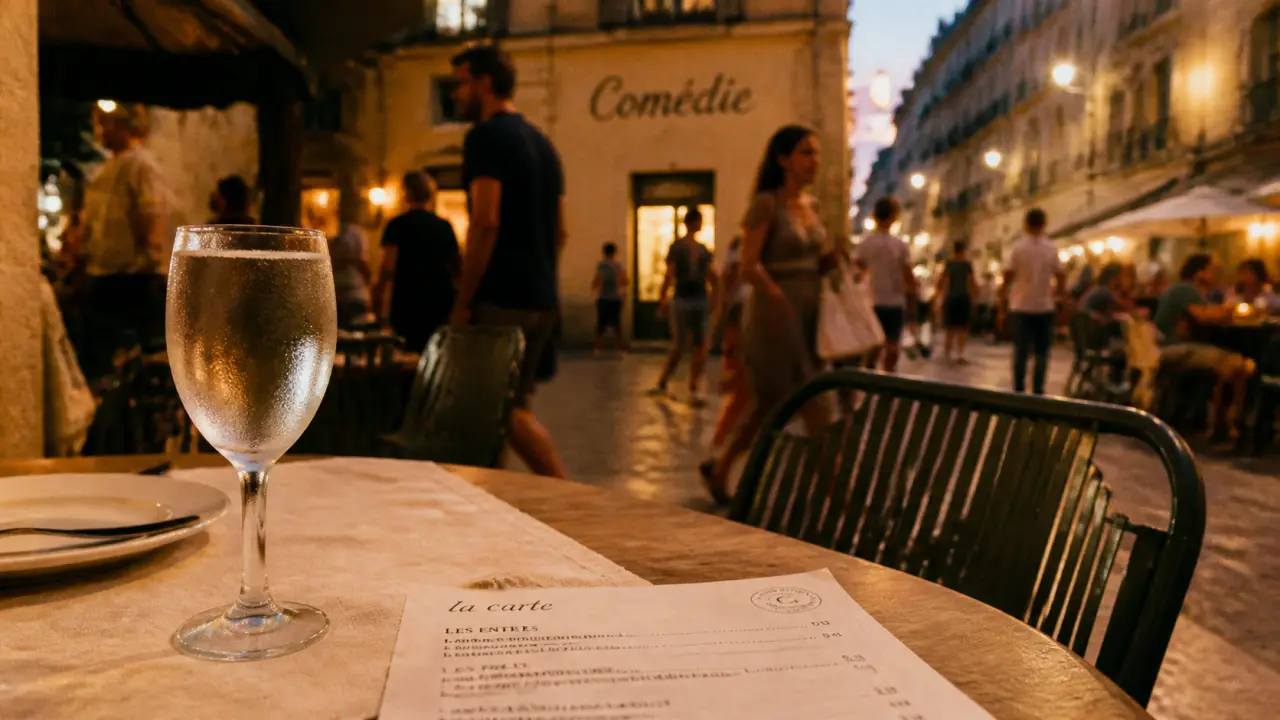 Restaurants comedie montpellier : terrasse animée près de la Comédie