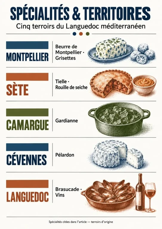 Infographie sur les spécialités de Montpellier et leur origine entre Sète, la Camargue, les Cévennes et le Languedoc
