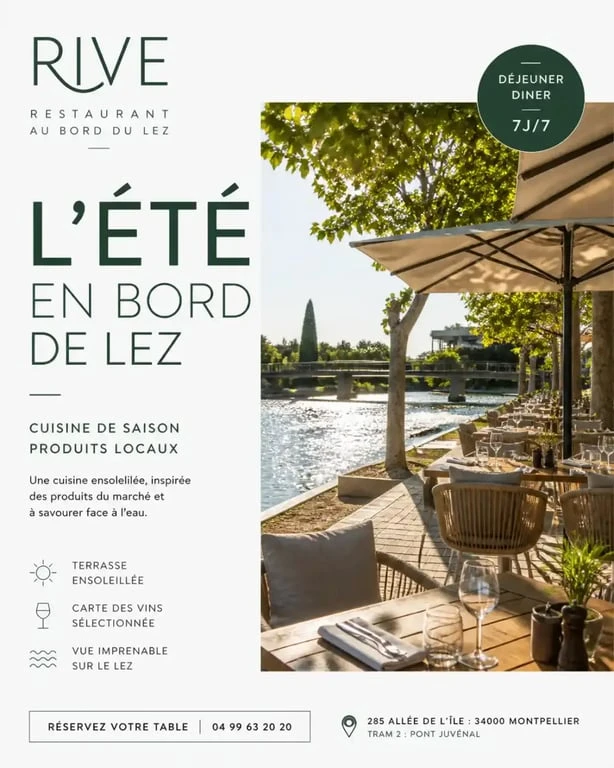 Terrasse de restaurant au bord du Lez à Montpellier, ambiance estivale