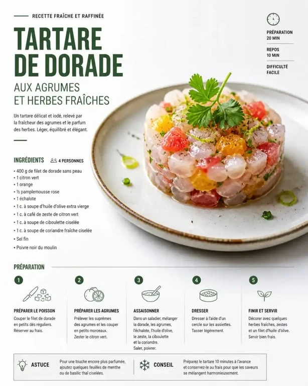 Tartare de dorade aux agrumes, spécialité culinaire des restaurants au bord du Lez à Montpellier