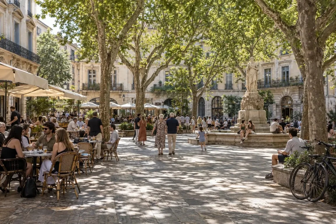 Place des Beaux-Arts à Montpellier avec micocouliers et terrasses