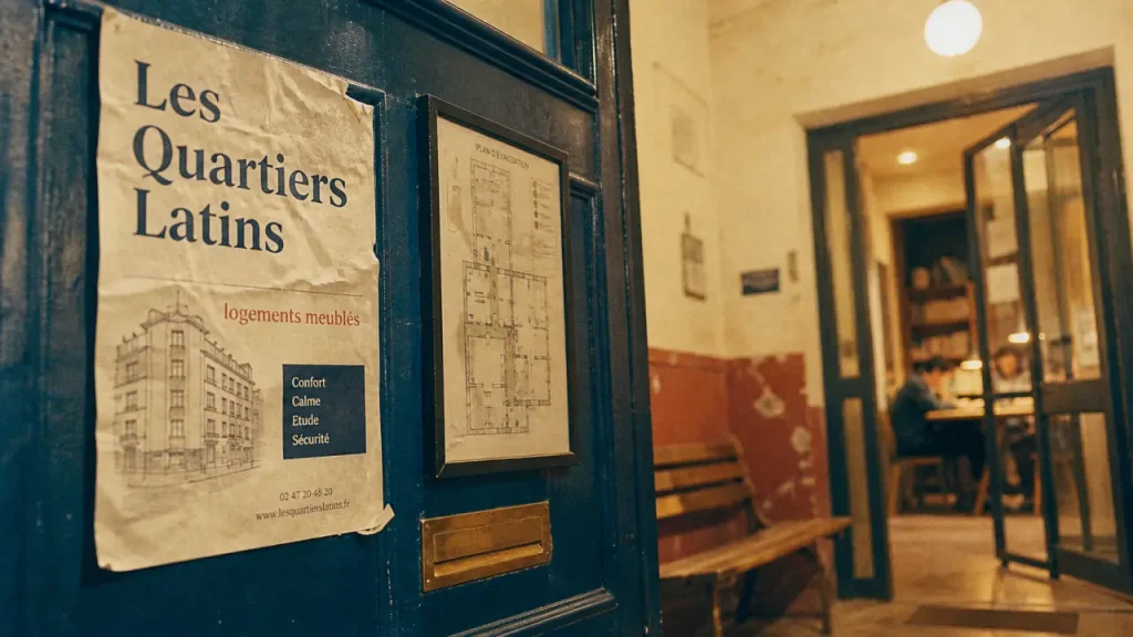Les quartiers latins Montpellier, porte d’immeuble et affiche en résidence