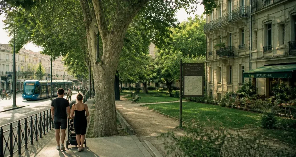 Montpellier Alco : trottoir et tram vers parc, vie de quartier connecté