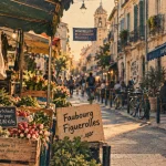 Marché et ruelle à Montpellier Figuerolles, faubourg.