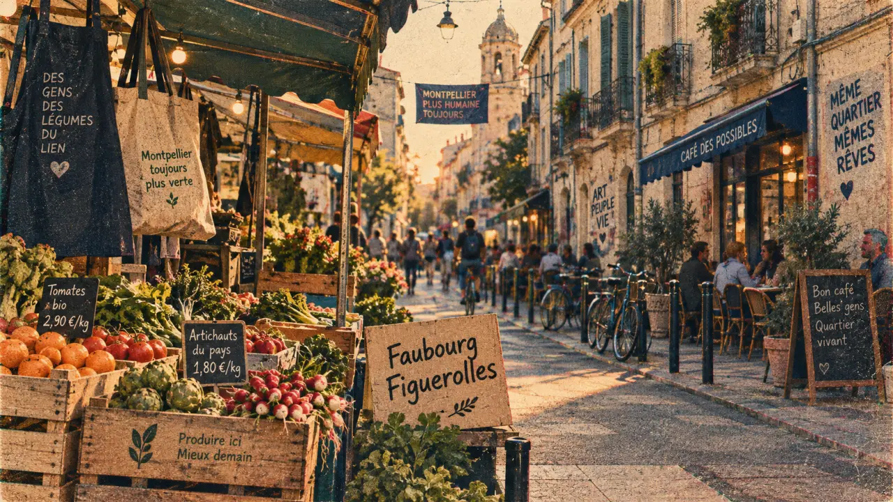 Marché et ruelle à Montpellier Figuerolles, faubourg.