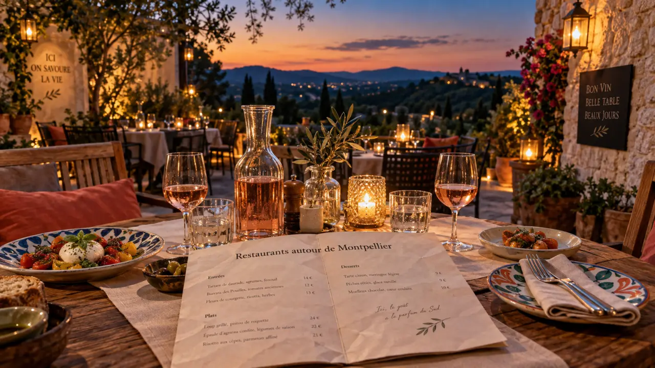 Restaurants autour de Montpellier : terrasse méditerranéenne, vue sur garrigue