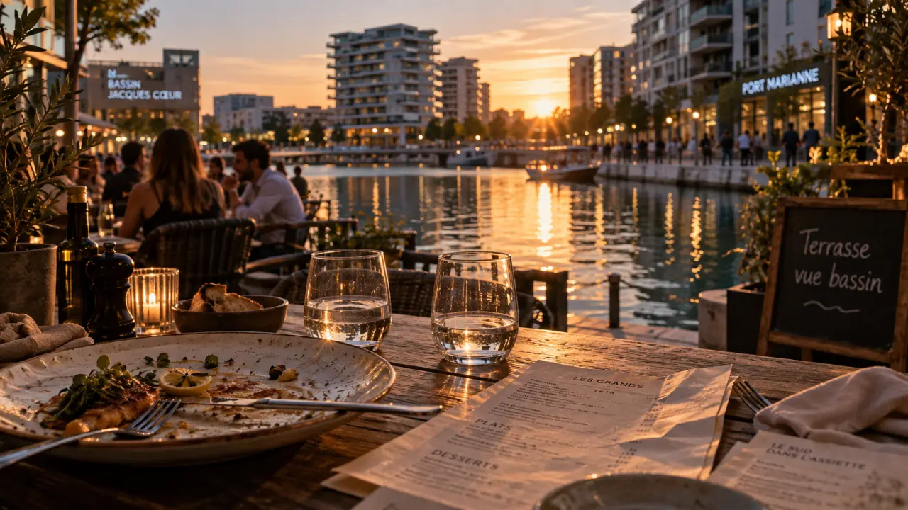 Terrasse restaurant près du bassin Jacques Cœur à Montpellier, vue sur l’eau