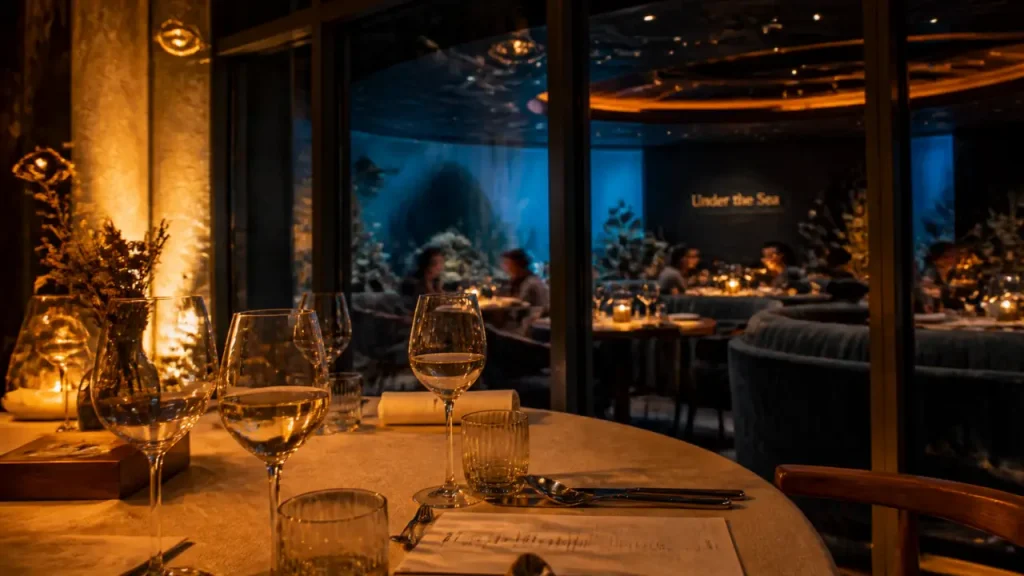 Restaurants originaux Montpellier : salle immersive sous-marine au golden hour