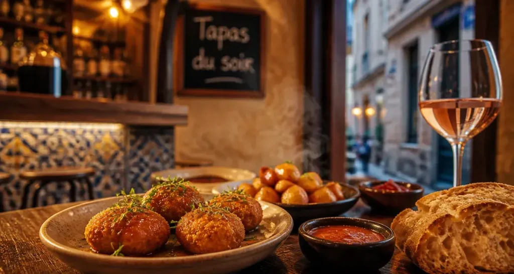Restaurants tapas Montpellier : assiette de tapas et rosé sur table